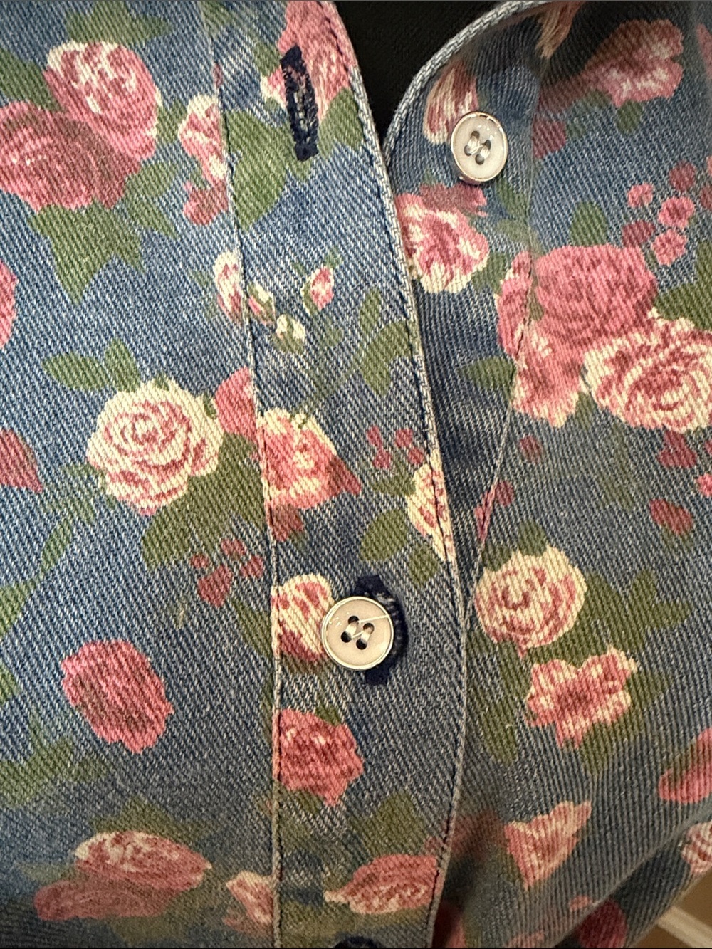 Floral Ruffle Belted Button-Up Dress - Blue with Pink Roses - Picture 3 of 9